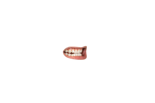 Close-up view of female mouth wearing lipstick isolated on white studio background - Fotoğraf, Görsel