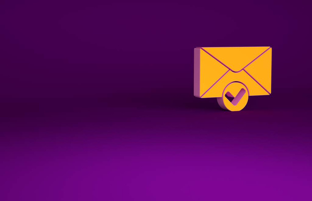 Envelope laranja e ícone de marca de seleção isolado no fundo roxo. Entrega de e-mail bem sucedida, confirmação de entrega de e-mail. Conceito de minimalismo. 3D ilustração 3D render. - Foto, Imagem