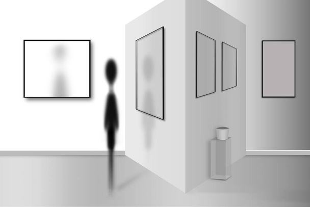 Minimalistyczny design z sylwetką zamazanej kobiety studiującej sztukę na wystawie - Zdjęcie, obraz