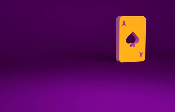 Orange Playing card with spades symbol icon isolated on purple background. Casino gambling. Minimalism concept. 3d illustration 3D render. - Photo, Image