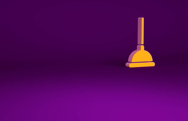 紫色の背景に隔離されたパイプクリーニングアイコンのための木製のハンドルを持つオレンジラバープランジャー。トイレのプランジャー。最小限の概念。3Dイラスト3Dレンダリング. - 写真・画像