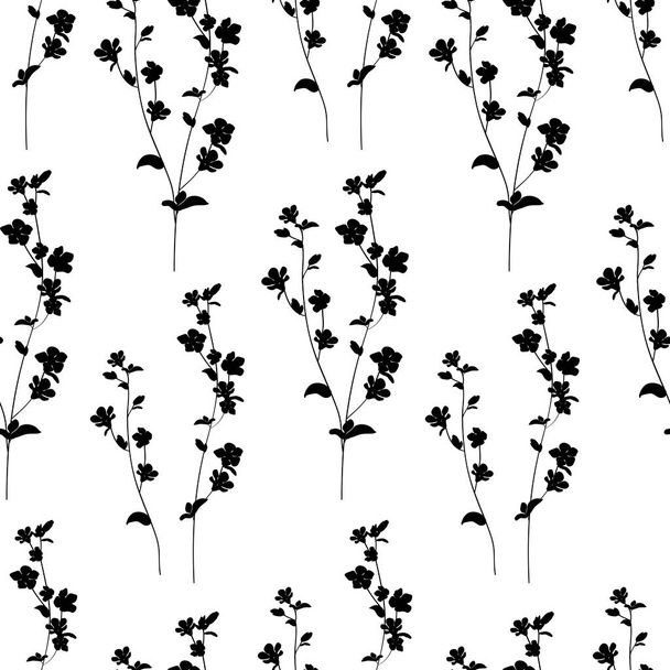 Trendikäs musta ja valkoinen vektorirakenne. Yksivärinen kukka saumaton kuvio. Käsin piirretty villikenttä kukkia ja lehtiä - Vektori, kuva
