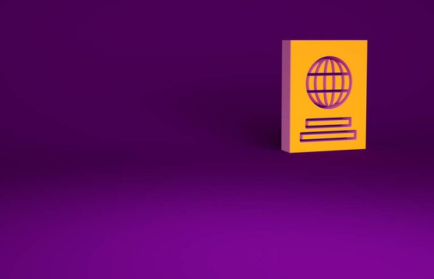 Paszport pomarańczowy z ikoną danych biometrycznych na fioletowym tle. Dokument identyfikacyjny. Koncepcja minimalizmu. Ilustracja 3D 3D renderowania. - Zdjęcie, obraz