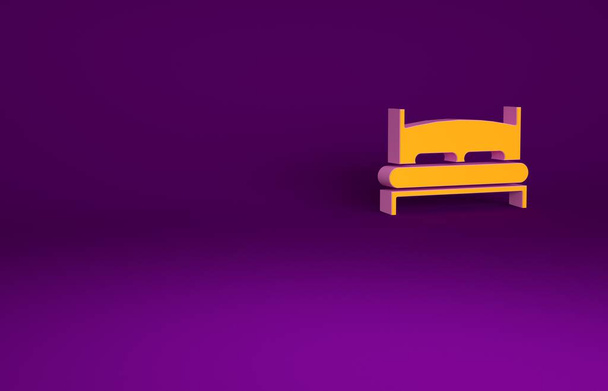 Πορτοκαλί μεγάλο κρεβάτι για δύο ή ένα άτομο εικονίδιο που απομονώνονται σε μωβ φόντο. Μινιμαλιστική έννοια. 3d απεικόνιση 3D καθιστούν. - Φωτογραφία, εικόνα