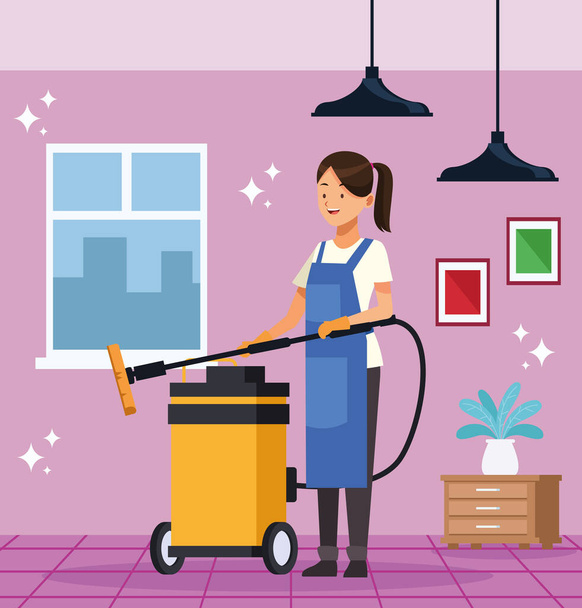 trabajadora doméstica con aspiradora - Vector, imagen