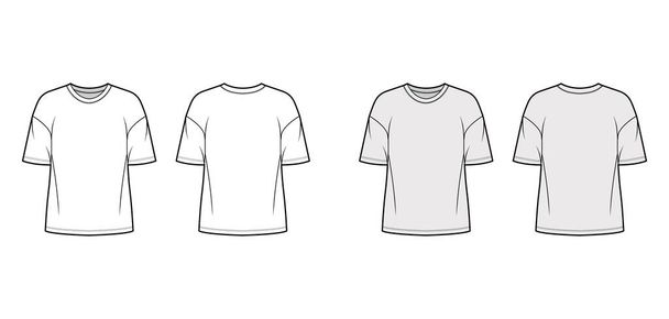 T-Shirt aus Baumwolle-Jersey mit technischer Modenabbildung mit Rundhalsausschnitt, Ellenbogenärmeln, Übergröße, abgesenkte Schultern - Vektor, Bild