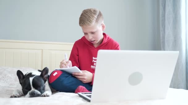 cute handsome teenage boy sitting on the bed in the room. learning lessons with pet french bulldog. writing a notebook. Distance Learning. Young schoolboy with a dog looking laptop. School education - Metraje, vídeo