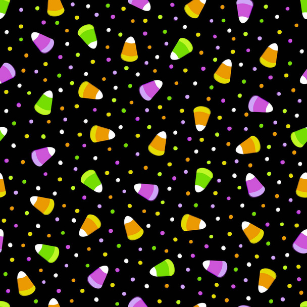 Seamless pattern for the holiday Halloween with candies and sweets. Sugar lollipops of corn grains and candy dots on a black background. Taditional colors of the holiday are orange, green, purple. - Vettoriali, immagini