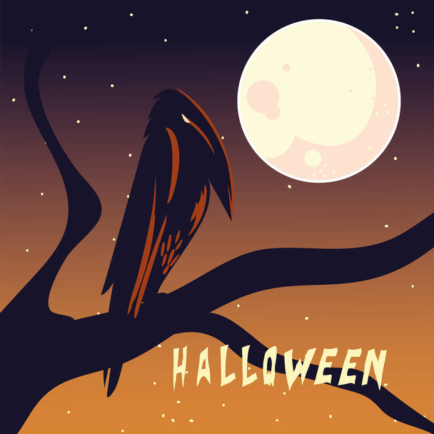 halloween kártya teliholddal és hollóval - Vektor, kép