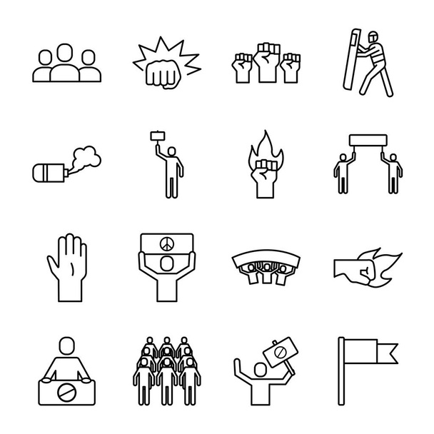 pacchetto di sedici icone di raccolta set di protesta - Vettoriali, immagini