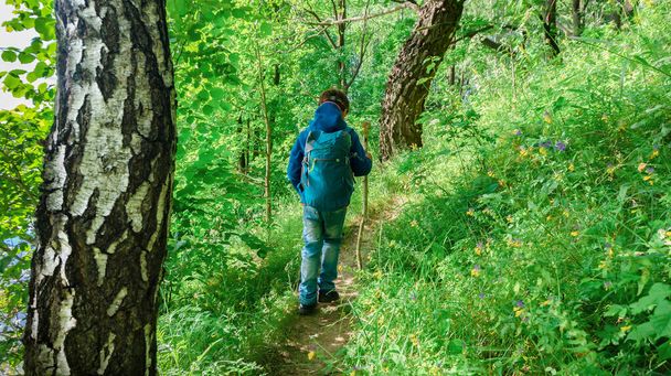 Ein Junge mit einem Trekkingstock wandert den Wanderweg zum Familiencampingplatz. Junge Touristen gehen durch eine Lichtung im Wald. Wildlife Survival für Kinder. - Foto, Bild