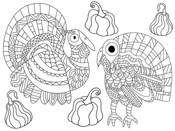 Two turkey birds and four pumpkins coloring page stock vector illustration. Traditional american fall holiday illustration. Funny thanksgiving day holiday horizontal worksheet for kids and adults. - Vektor, Bild