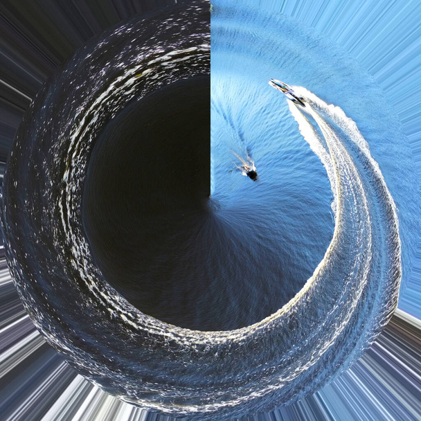 Преобразование сферической 360-градусной панорамы. Сферический абстрактный воздушный вид на пенную тропу с лодки. Кривизна пространства. Концепция от светло-синего цвета. Концепция изменения дня и ночи. Боль добра и зла. Инь и Я - Фото, изображение