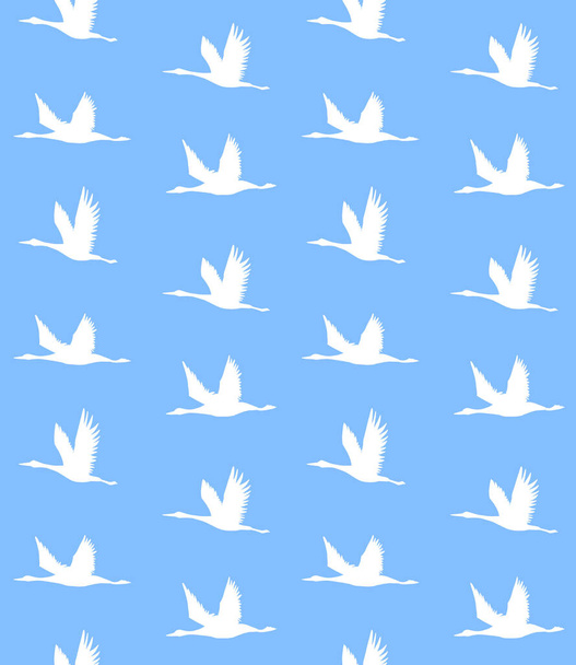 Vector seamless pattern of white hand drawn flying crane bird silhouette isolated on blue background - Vector, Imagen