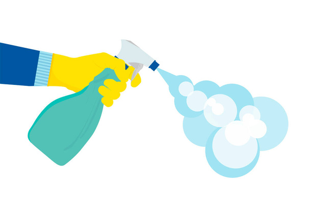 A human hand sprays an antiseptic from a pulverizer. Antibacterial spray in a plastic bottle. The liquid disinfects the surface and kills viruses and germs. healthcare. Vector image. - Vector, Image