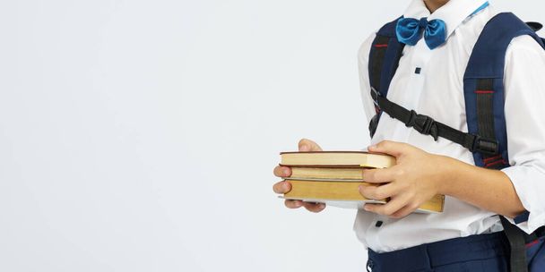 Pupil holding books in hands, isolated background. Education concept - Foto, immagini
