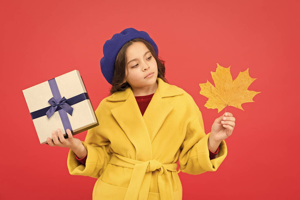 Seasonal sale. Child with autumn leaf received present. Autumn shopping. Black friday. Small girl fall outfit red background. Autumn offer. Little girl and gift box. Kid cute face hold maple leaf - Фото, изображение