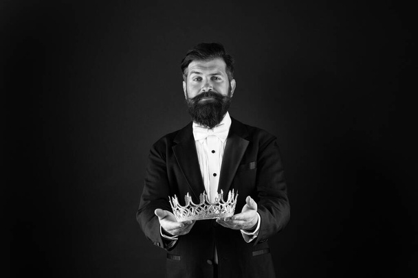 for you. reward for business success. Top manager. King of style. bearded man wear golden crown. elegant man in formal wear at special event. Party king. he is vip client. Premium user concept - Foto, Bild