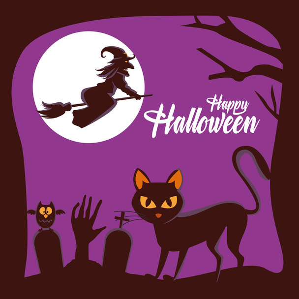 onnellinen halloween kortti noita lentää luuta ja kissa hautausmaalla - Vektori, kuva