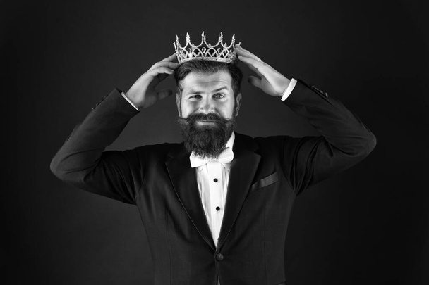 Royal duty suggests. Handsome king. Man representing power and triumph. Business king. Businessman wear crown. Success in business. Achieving victory and success. Royal and luxury. Winner concept - Фото, изображение
