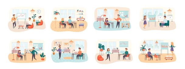 Office manager bundle of scenes with people characters. Colegues comunication and cooperation at workplace conceptual situations. Partnership and team management in office cartoon vector illustration. - Vector, Image