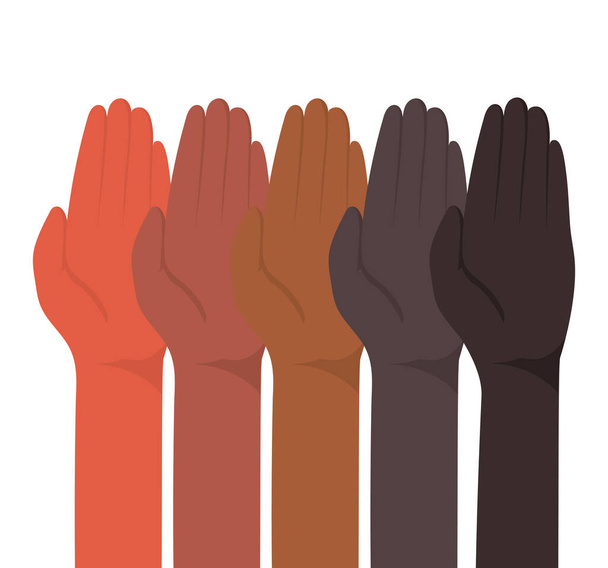 omhoog handen met gesloten palm van verschillende soorten huiden vector ontwerp - Vector, afbeelding