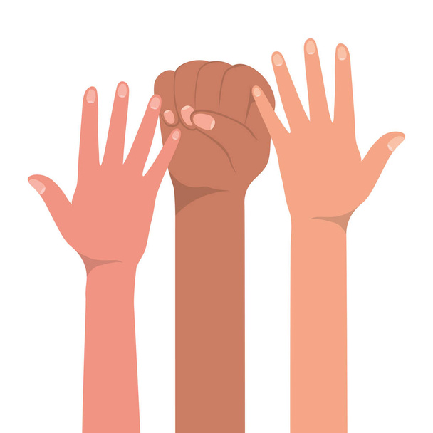 кулак знак і відкриті руки різних типів шкір Векторний дизайн
 - Вектор, зображення