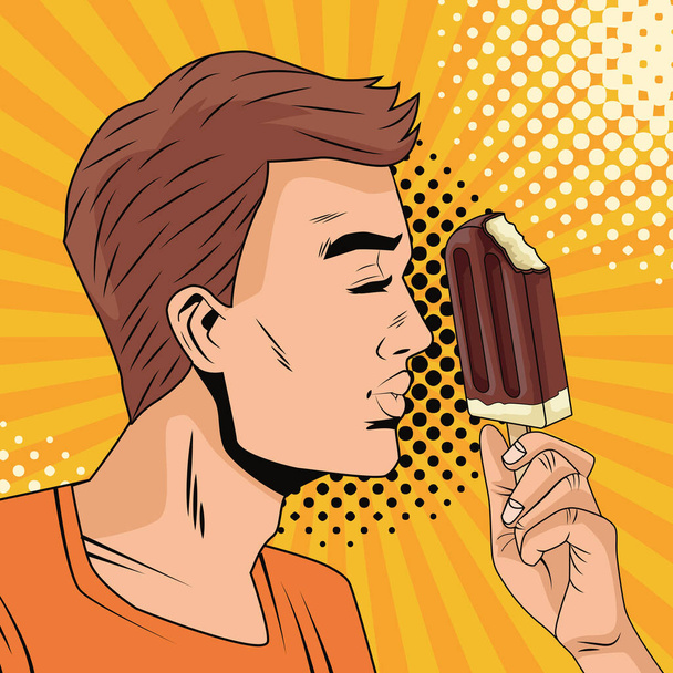 młody człowiek jedzenie lody postać pop sztuka styl - Wektor, obraz