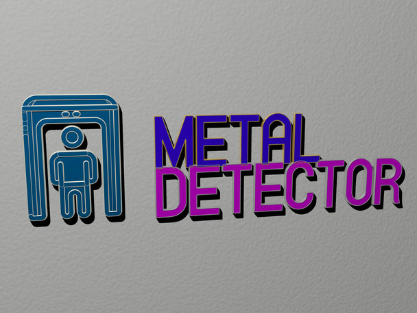 Metal detektörünün 3D grafik görüntüsü, üst perspektiften metalik kübik harflerle oluşturulan metinlerle birlikte, konsept sunumu ve slayt gösterimi için mükemmel, 3D illüstrasyon - Fotoğraf, Görsel