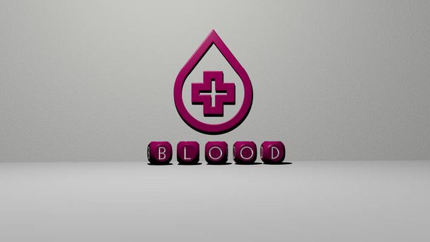 Icona BLOOD 3D sulla parete e testo degli alfabeti cubici sul pavimento, illustrazione 3D - Foto, immagini