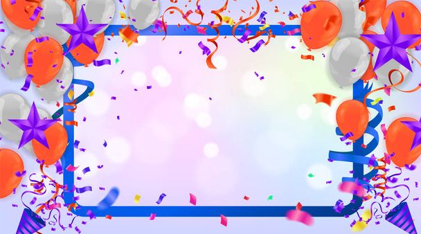 Narozeninová karta s fialovými balónky a konfety na backgru - Vektor, obrázek