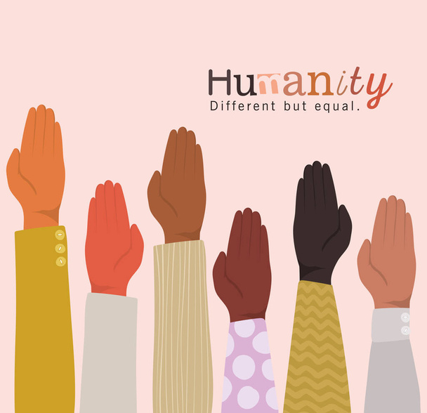 η ανθρωπότητα διαφορετική αλλά ίση και η ποικιλομορφία ανοίγουν τα χέρια επάνω το σχέδιο φορέων - Διάνυσμα, εικόνα