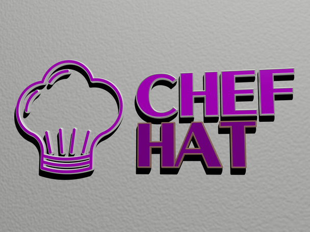 icono de sombrero de chef y texto en la pared, ilustración 3D - Foto, imagen