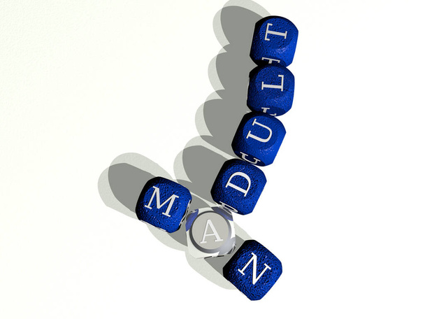 Erwachsener Mann Kreuzworträtsel aus gebogenem Text aus einzelnen Buchstaben, 3D-Illustration - Foto, Bild