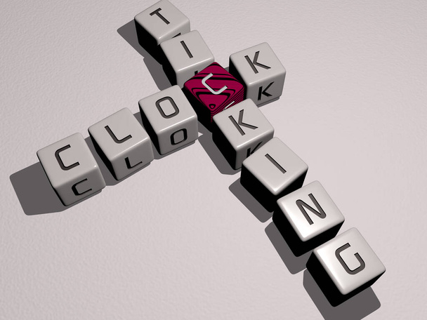 ρολόι χτυπάει σταυρόλεξο με κυβικά γράμματα ζάρια, 3D εικονογράφηση - Φωτογραφία, εικόνα