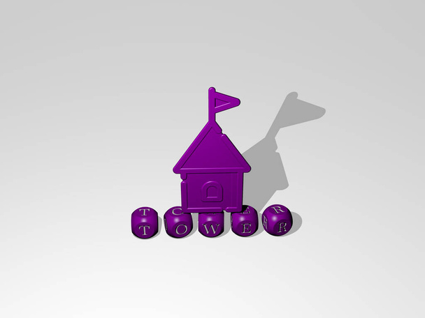 ikona 3D wieży nad liter sześciennych, ilustracja 3D - Zdjęcie, obraz