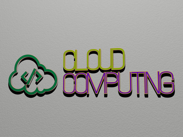 3D-Darstellung von CLOUD COMPUTING mit Icon an der Wand und Text, angeordnet durch metallische kubische Buchstaben auf einem Spiegelboden für Konzeptbedeutung und Diashow-Präsentation, 3D-Illustration - Foto, Bild