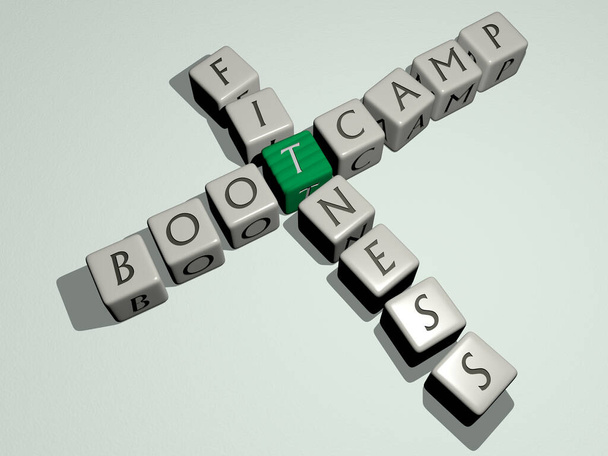 bootcamp fitness σταυρόλεξο με κυβικά γράμματα ζάρια, 3D απεικόνιση - Φωτογραφία, εικόνα