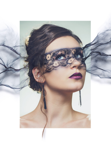 elegáns fiatal nő make-up maszk stilizált portréja - Fotó, kép