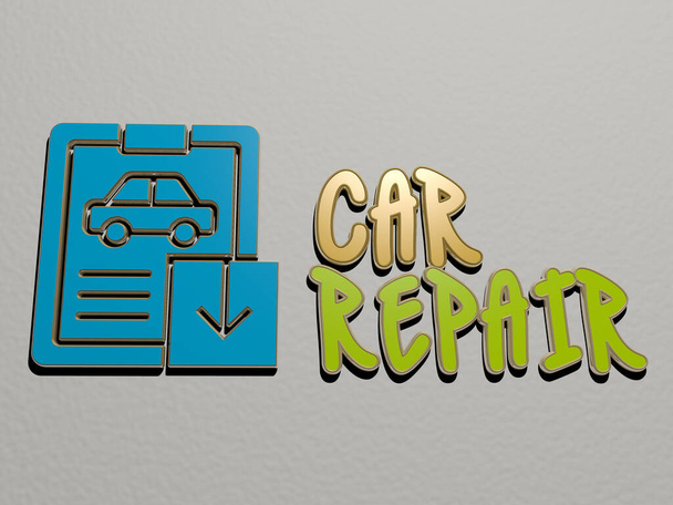 Representación 3D de reparación de automóviles con icono en la pared y texto dispuesto por letras cúbicas metálicas en un piso de espejo para el significado del concepto y presentación de diapositivas, ilustración 3D - Foto, Imagen