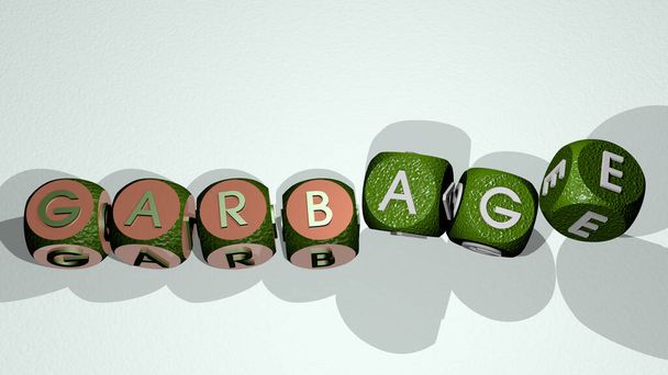 garbage text by dancing dice letters, 3D illustration - Photo, Image