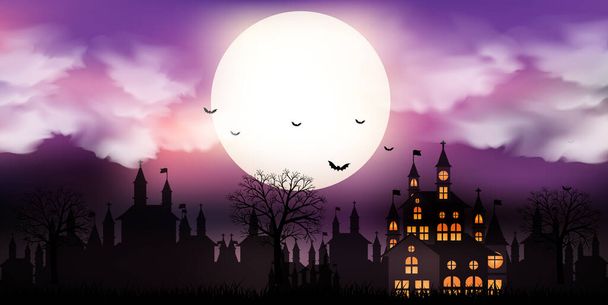 Halloween castle landscape watercolor background - Vector, Image