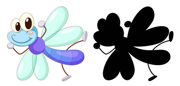 Conjunto de personagem de desenhos animados de insetos e sua silhueta na ilustração de fundo branco - Vetor, Imagem