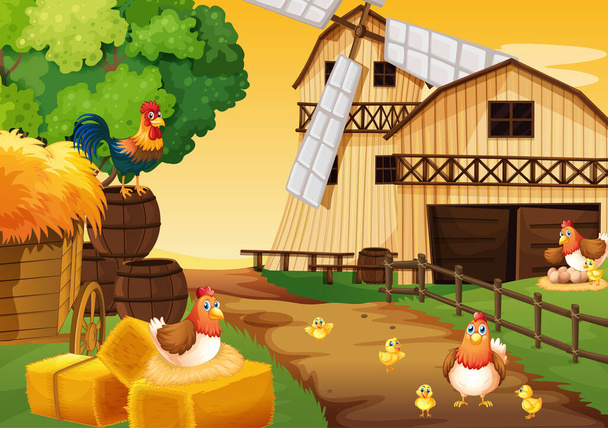Cena de fazenda na natureza com celeiro e moinho de vento e ilustração de frango - Vetor, Imagem