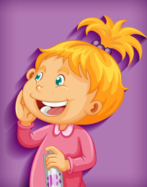 Bonito menina sorrir personagem dos desenhos animados isolado no fundo roxo ilustração - Vetor, Imagem