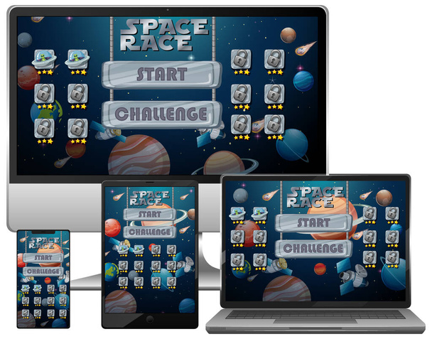 Weltraumrennen Mission Spiel auf verschiedenen elektronischen Bildschirmen Illustration - Vektor, Bild