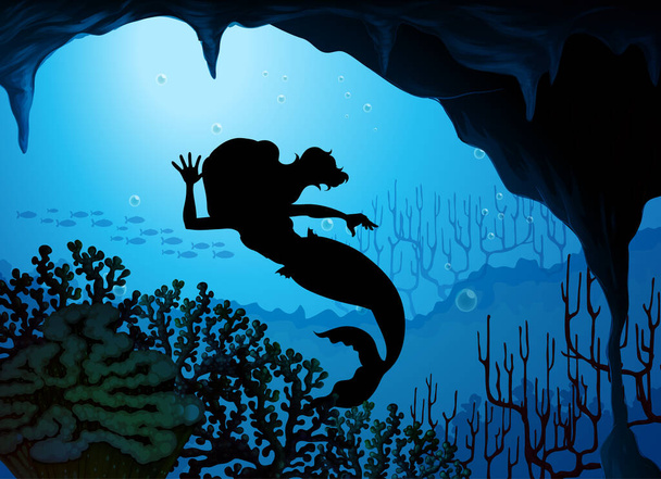 Mermaid underwater silhouette scene illustration - Vetor, Imagem