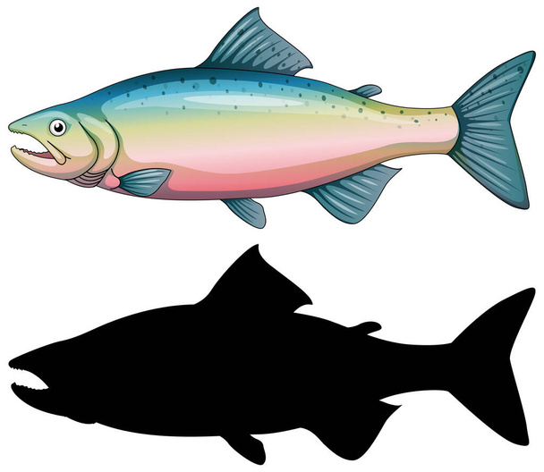 Conjunto de personajes de peces y su silueta sobre fondo blanco ilustración - Vector, Imagen