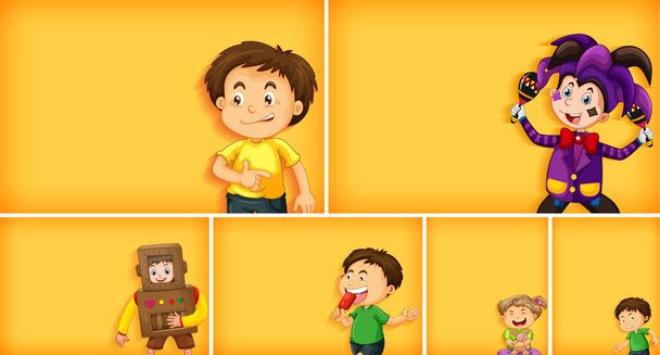 Σύνολο διαφορετικών παιδικών χαρακτήρων στην κίτρινη έγχρωμη απεικόνιση φόντου - Διάνυσμα, εικόνα