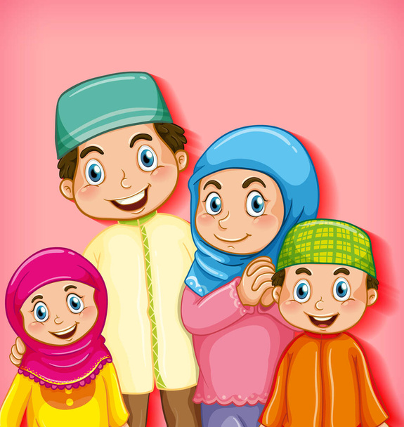 Moslim familielid op cartoon karakter kleur verloop achtergrond illustratie - Vector, afbeelding